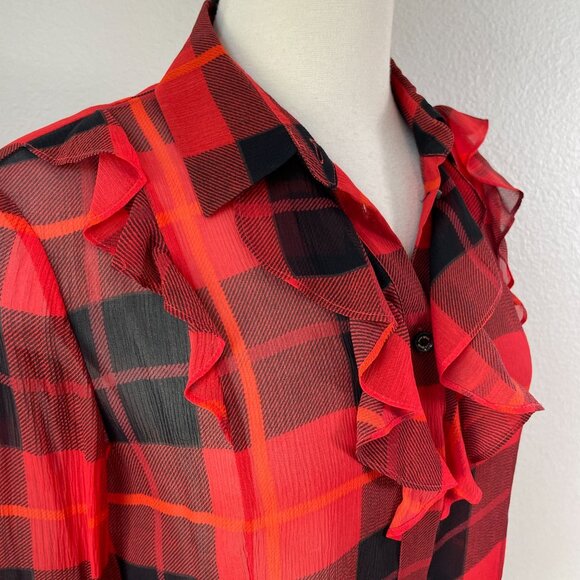 Kate Spade Womens 4 Ruffle Woodland Red Black Plaid Chiffon Blouse 100% Silk Top - Picture 5 of 12